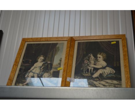 Two framed 19th Century coloured prints depicting a child with a dog and sheep 