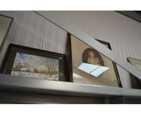 A watercolour study of a wintery scene; together with a pencil signed portrait print