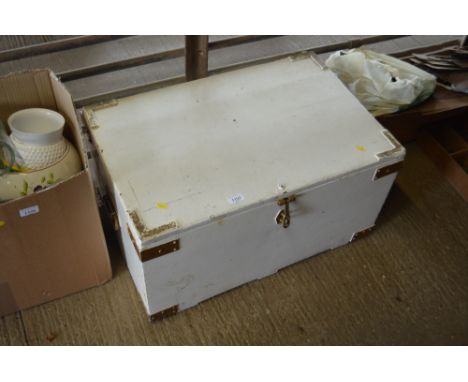 A painted pine tool box and contents of tools and hanging baskets