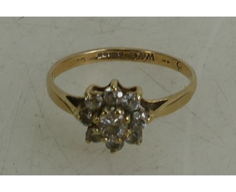 9ct gold diamond cluster ring, size J, 1.3 grams.