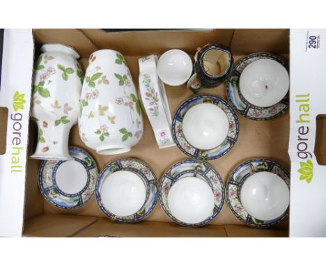 A mixed collection of items to include: Wedgwood Wild Strawberry large vases, similar mantle clock, Limited Edition Royal Dou
