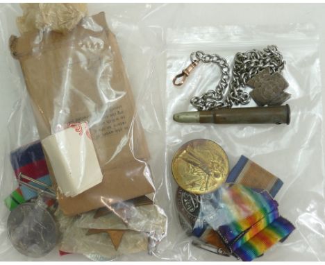 WWI &amp; WWII medals: WWI pair medals &amp; silver service badge C24203 Hitchmcugh, plus bullet, watch chain with 9ct gold c