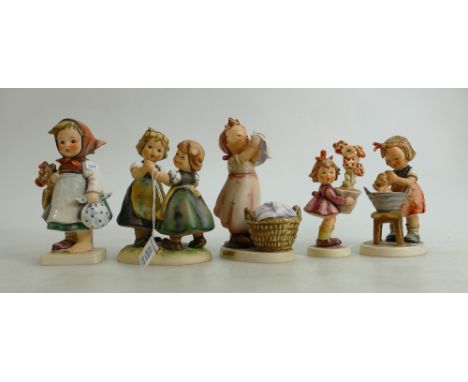 Goebel figures to include: Doll Bath, Girl with Flowers, Wash Day, Wanderer &amp; Spring Dance(5)