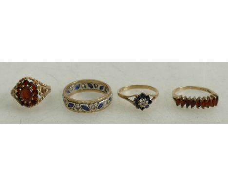 9ct gold ladies dress rings: A collection of 9ct rings including 9ct and silver eternity ring and three gem set rings, sizes 