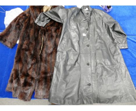James Smith Branded Fur full length coat: together with similar leather item (2)