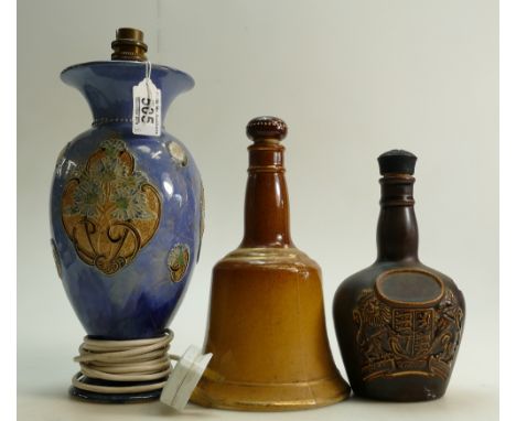 Royal Doulton whiskey / whisky Decanters and Lamp Base: Bells and Crown and a Royal Doulton Lambeth lamp base, tallest 28cm. 