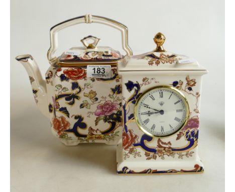 Masons Mandaley patterned Mantle Clock: together with decorative kettle, height of tallest 22cm(2)