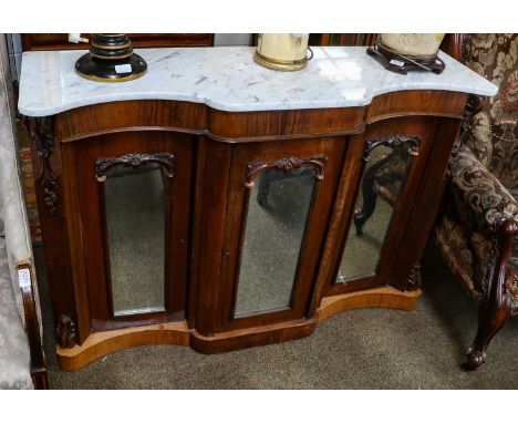 A Victorian rosewood marble top break front credenza with mirror fronted cupboard doors, 129cm by 38cm by 88cm 