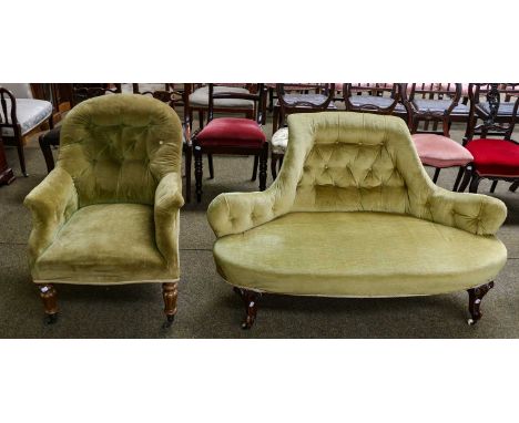 A Victorian button back parlour settee on carved rosewood frame and with pot castors, 130cm by 80cm by 80cm; together with a 