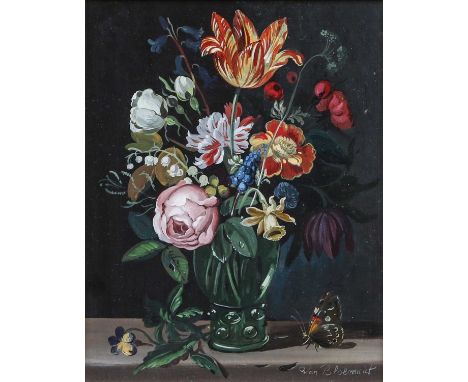 Frederik Victor van Bloemart (b. 1919)Still life study of flowers in a green glass vase with butterflySigned oil on board, 24