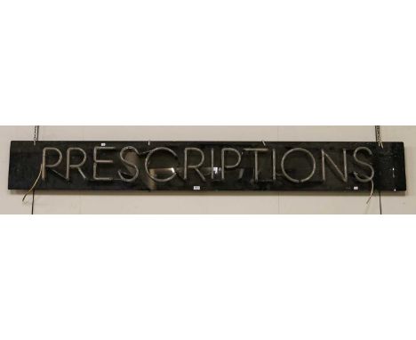 A neon chemists shop sign, 'PRESCRIPTIONS' on a black perspex back, circa 1960s, 245cmLot 1147The wire has been cut, unknown 