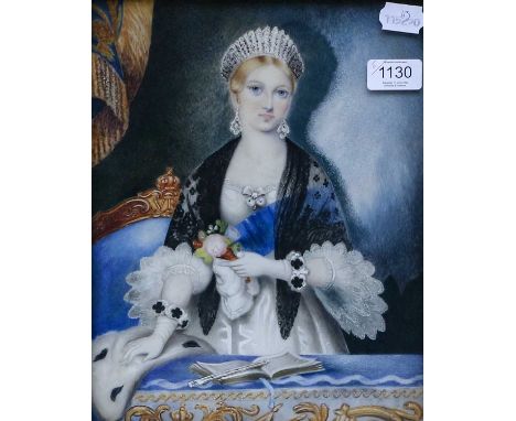 British School (19th century)Portrait of a young Queen Victoria Oil on tile; together with three pastel portraits of elegant 