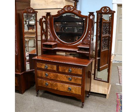 A Victorian mahogany three part bedroom suite comprising, mirror fronted wardrobe, 138cm by 53cm by 218cm, triple mirror dres