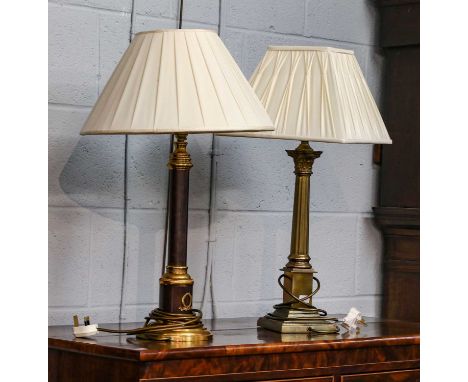 A parcel gilt column form metal table lamp, adorned with wreathe motifis and with a pleated silk shade, another brass base Co