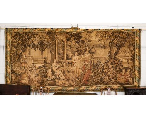 Large machined tapestry, figures playing musical instruments in country house gardens, 210cm by 443cm