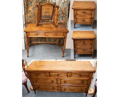 A modern hardwood three piece bedroom suite comprising, dressing table, 100cm by 55cm by 77cm (excluding mirror) and a pair o