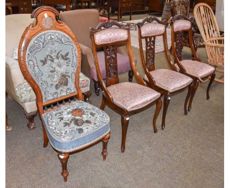 A 19th century ash and elm Windsor arm chair (stripped) (a/f); together with three Edwardian salon chairs and a Victorian car