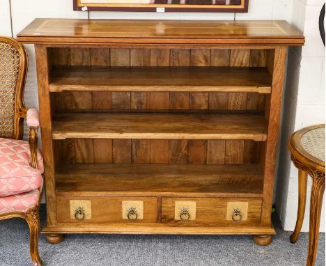 A Barker &amp; Stonehouse flagstone range bookcase with two drawers and a hardwood mirror120.5cm by 40cm by 102cm