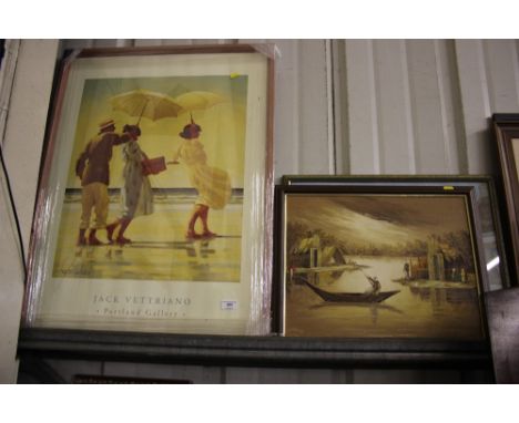 A coloured print after Jack Vettriano; together with a continental oil on canvas study; and various prints 