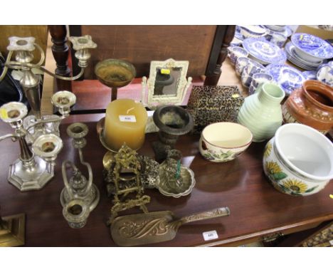 Three plated candelabra; a sunflower decorated jardinière; a Arts & Crafts style crumb tray etc.
