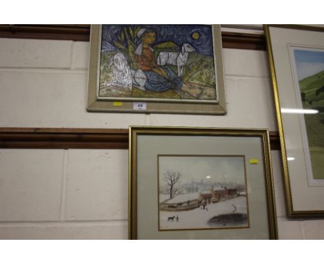 A framed tile picture depicting a young shepherd girl 