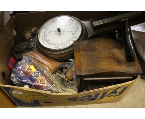 A box containing an oak cased clock; a barometer; various sundries; and a bag of textiles 