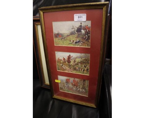 A pair of hunting prints; and two framed bank notes 