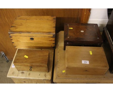 A 19th century mahogany tea caddy; together with two pine storage boxes; and a Victorian rosewood box 