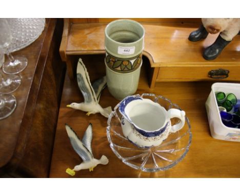 A Poole pottery vase; an old willow patterned jug; a glass dish and two seagull ornaments