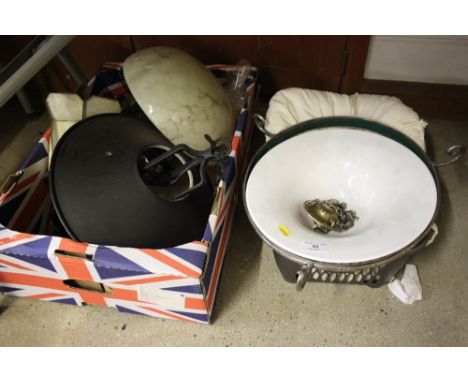A quantity of various pendant light fittings; and a metalware and opaque glass pendant ceiling light 