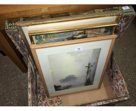 Three 19th Century prints in Hogarth frames; together with a gilt framed watercolour study of ruins; a 19th Century coloured 
