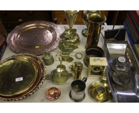 A quantity of various Eastern brass and copperware to include vases, trays etc.; a set of scales 