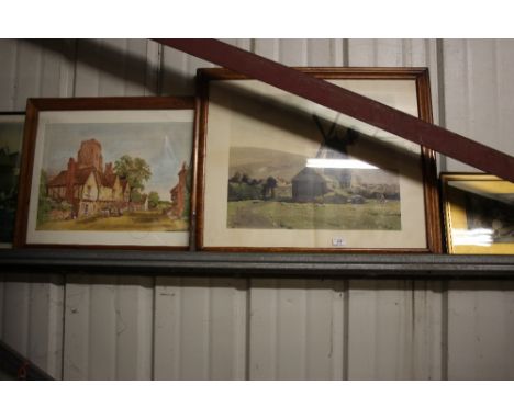 Two maple framed coloured prints; together with a coloured print of a three masted ship etc.