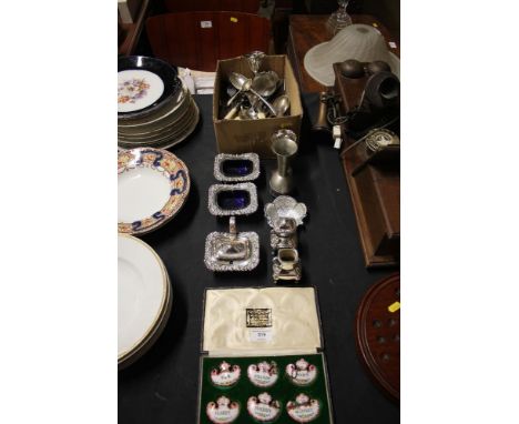 A set of six enamel decorated decanter labels; a box of various cutlery; silver plated salts; and a mustard pots etc.