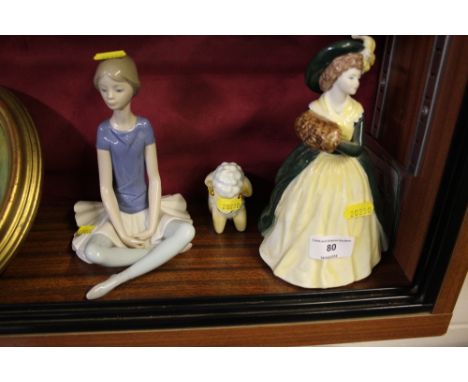 A Coalport Lady's of Fashion figurine  AF; together with a Goebel sheep; and a Lladro figurine 