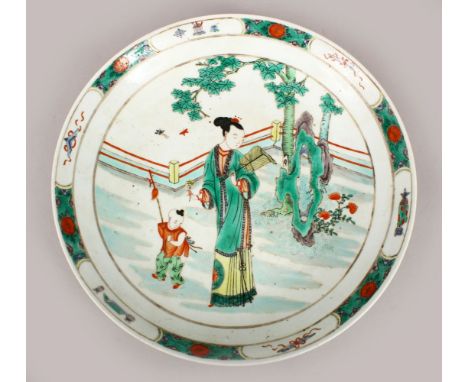 A GOOD CHINESE KANGXI STYLE FAMILLE VERTE PORCELAIN DISH, decorated with scenes of a female and child on a balcony setting, w