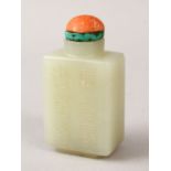 A GOOD 19TH / 20TH CENTURY CHINESE CELADON JADE LIKE SNUFF BOTTLE, of rectangular form, the body