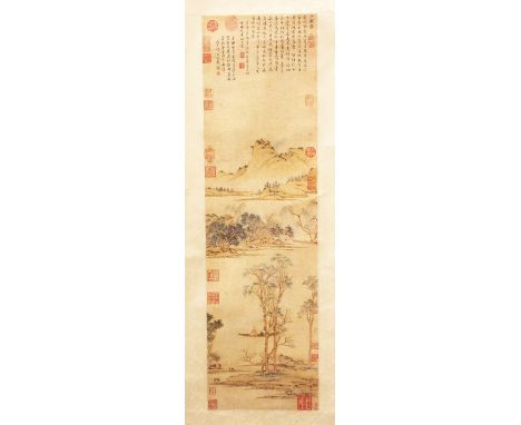 A GOOD CHINESE HANGING SCROLL PRINT OF A LANDSCAPE, the scroll with a detailed view of a landscape, with calligraphy and many