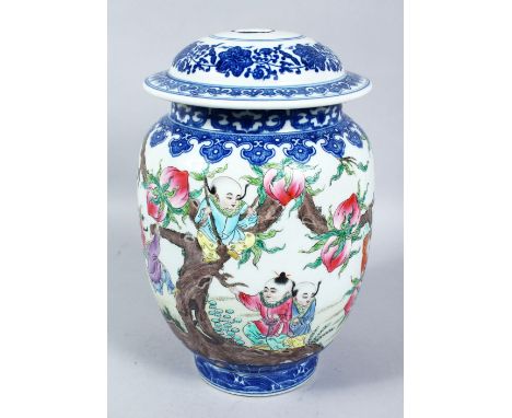 A CHINESE REPUBLICAN PERIOD FAMILLE ROSE PORCELAIN JAR AND COVER, the body of the jar decorated with scenes of children among