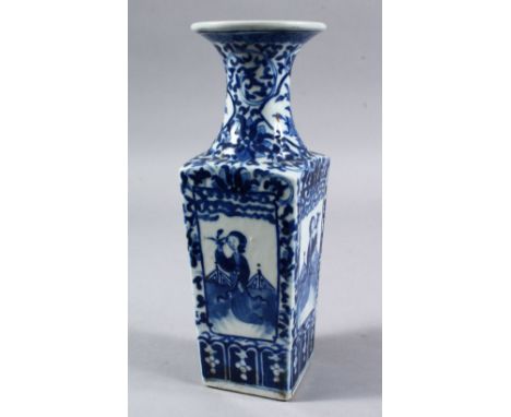 A GOOD 19TH CENTURY CHINESE BLUE &amp; WHITE PORCELAIN SQUARE FORM VASE, the body with four panels of figures with flora, fur