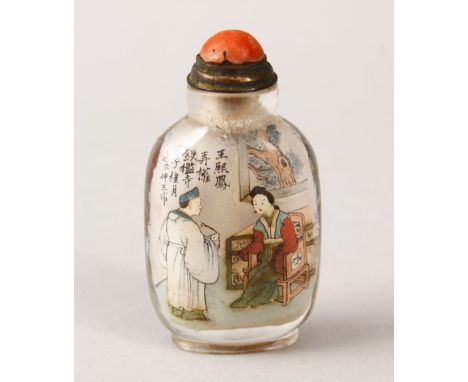 A GOOD 19TH / 20TH CENTURY CHINESE REVERSE PAINTED GLASS SNUFF BOTTLE, the body decorated with two different scenes, one of t