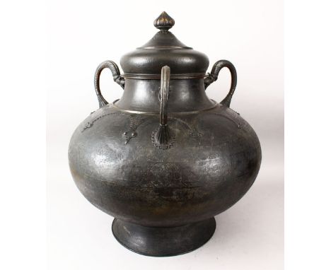 A VERY LARGE 18TH CENTURY OR EARLIER ISLAMIC / PERSIAN CALLIGRAPHIC TRIPLE HANDLE COPPER JAR &amp; COVER, the body with calli