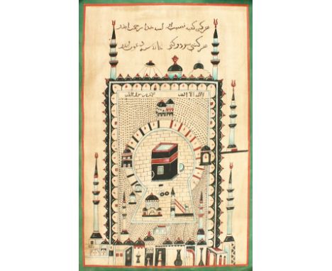 A GOOD 18TH / 19TH CENTURY HAND PAINTED PICTURE OF MECCA ON CANVAS, detailed painting of mecca on canvas, the upper section w