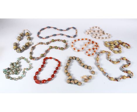 A MIXED LOT OF TEN EASTERN CERAMIC MOSAIC &amp; CRYSTAL / GLASS BEAD NECKLACES, Various styles and spacers, (10)