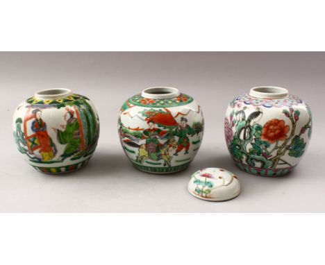 THREE 19TH CENTURY CHINESE FAMILLE ROSE / FAMILLE VERTE PORCELAIN GINGER JARS, one with a cover, each decorated with scenes o