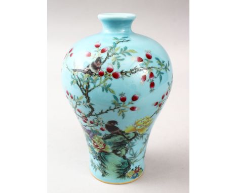 A GOOD CHINESE FAMILLE ROSE PORCELAIN MEIPING VASE, the body with a turquoise ground and decorated to depict birds amongst fr