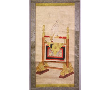 A GOOD CHINESE HANGING SCROLL PICTURE OF A HAWK, the picture depicting a hawk seated upon its perch, with chinese calligraphy