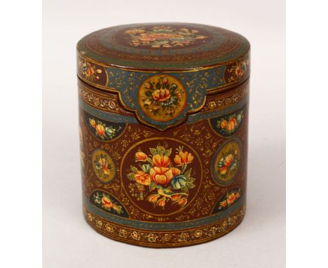 A FINE PERSIAN LACQUERED PAPIER MACHE TEA CADDY, with painted floral decoration. 12.5cm x 12cm wide.