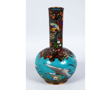 A GOOD JAPANESE MEIJI PERIOD GOLD &amp; SILVER WIRE CLOISONNE / ENAMEL BOTTLE VASE, the vase with a robins egg colour ground 