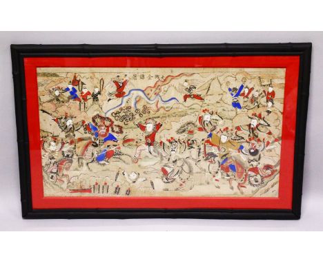 AN 18TH / 19TH CENTURY FRAMED CHINESE PAINTING ON PAPER - BATTLE SCENE - WAR OF JIN JI MOUNTAIN, the painting depicting a fam